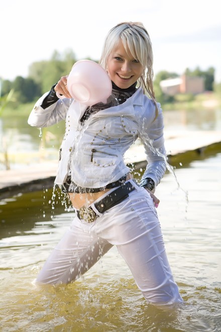 wet girl get wet wet hair swim fully clothed jacket jeans blouse shoes  lake