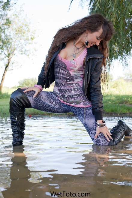 wet girl get wet wet hair swim fully clothed jacket t-shirt leggings boots lake