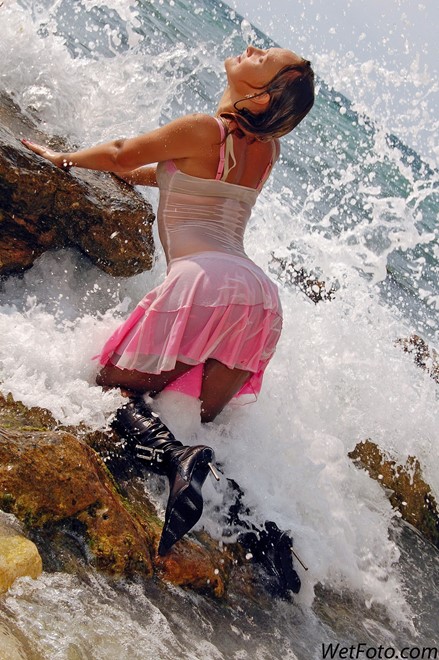 wet girl get wet wet hair swim fully clothed dress stockings leather boots high heels sea