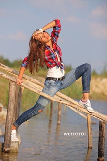 #273 - Wetlook by Pretty Girl in Shirt, Tight Jeans and White Sneakers on Lake