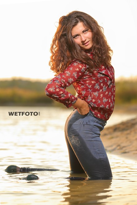 wet girl wet hair get wet tight jeans high heels fully soaked swim fully clothed lake