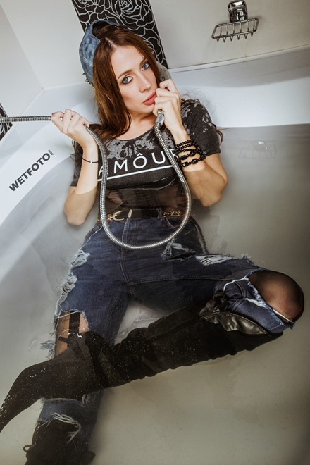 wetfoto girl takes a bath high waisted jeans bodysuit tights boots