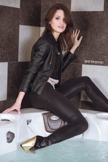#355 - Fully Wet Girl in Shirt, Leather Jacket, Tight Pants and High Heels