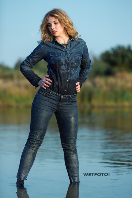Wetlook By Beautiful Blonde Girl In Fully Wet Denim Shirt And Tight Jeans Wetlook One