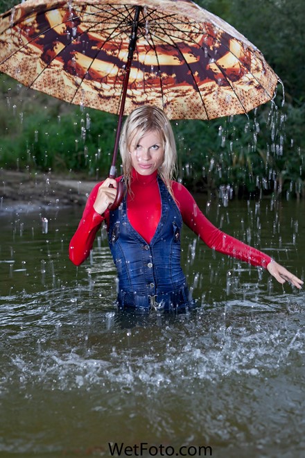 wet girl get wet wet hair swim fully clothed denim jumpsuit sweater socks shoes lake