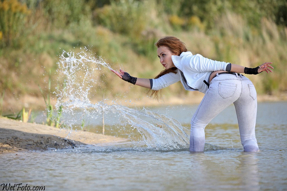 wet girl get wet wet hair swim fully clothed jacket tight jeans blouse evening gloves high heels shoes lake