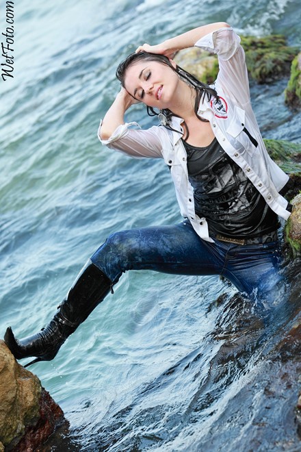 wet girl get wet wet hair swim fully clothed leather jacket jeans t-shirt patent leather high heels boots sea