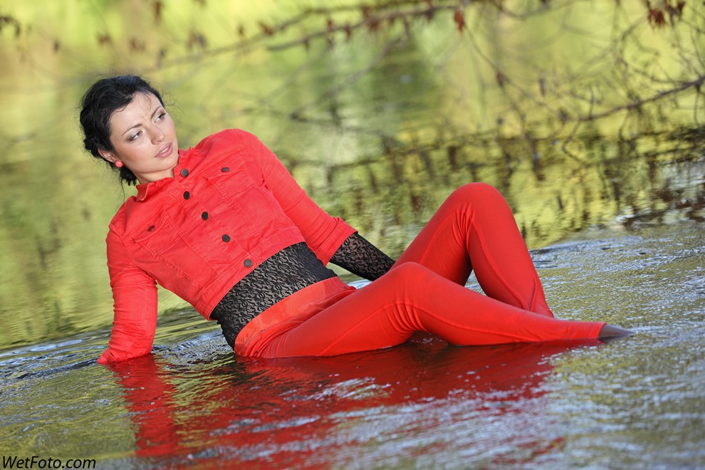 wet girl get wet swim fully clothed wet hair jacket blouse tight pants tights high heels lake