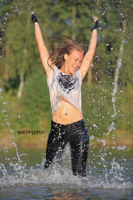 wet girl get wet swim fully clothed wet hair leather jacket leggings high heels