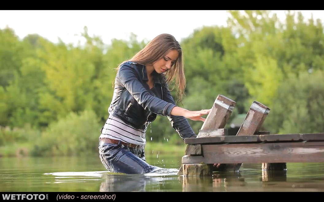wet girl wet hair get wet t-shirt jacket denim jeans tights high heels swim fully clothed lake