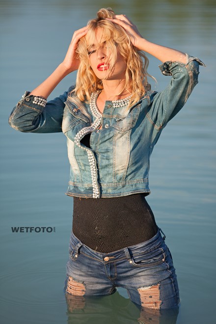 wet girl wet hair get wet denim jacket tight jeans swimsuit swim fully clothed fully soaked lake