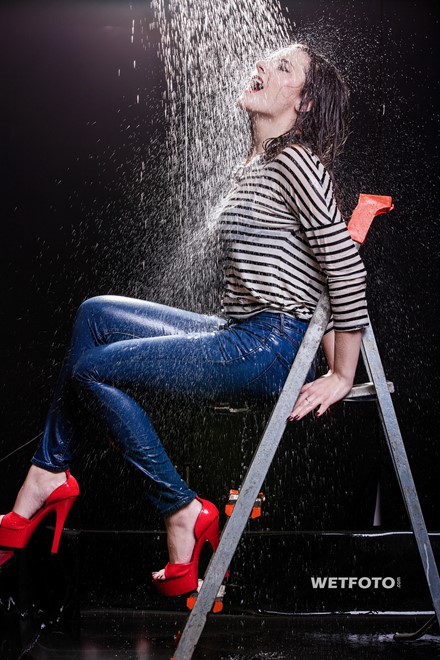 wet girl wet hair get wet striped sweater high-waisted jeans high heels fully soaked hose