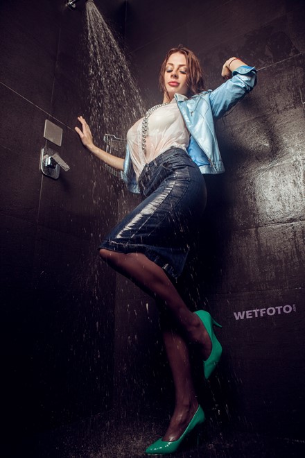 wet woman wet hair get wet jacket blouse denim skirt stockings dress shoes fully soaked spa