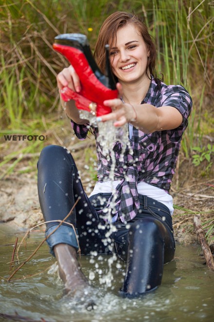 Wetlook by Beautiful Girl in Checkered Shirt, Tight Jeans and Red Boots ...