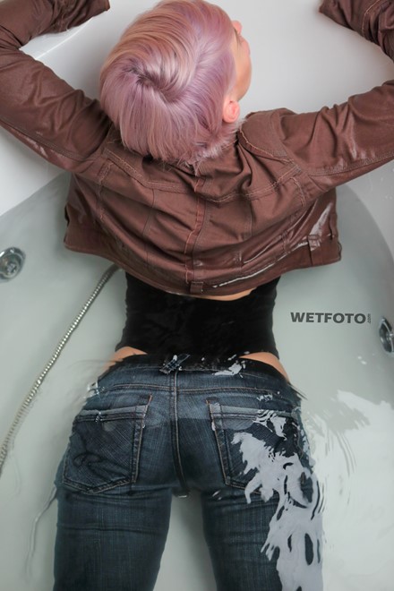 wet girl get wet bodysuit jacket tight jeans high heels fully soaked jacuzzi bath