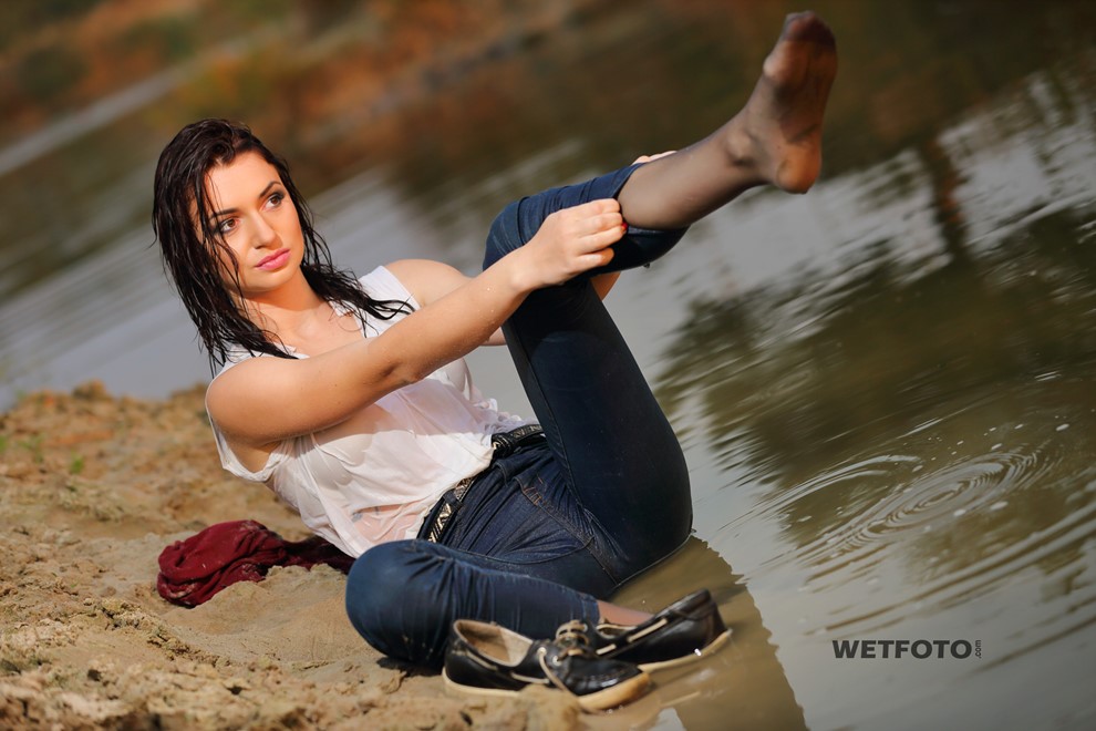 wet girl wet hair get wet cardigan blouse sneakers fully soaked swim fully clothed lake