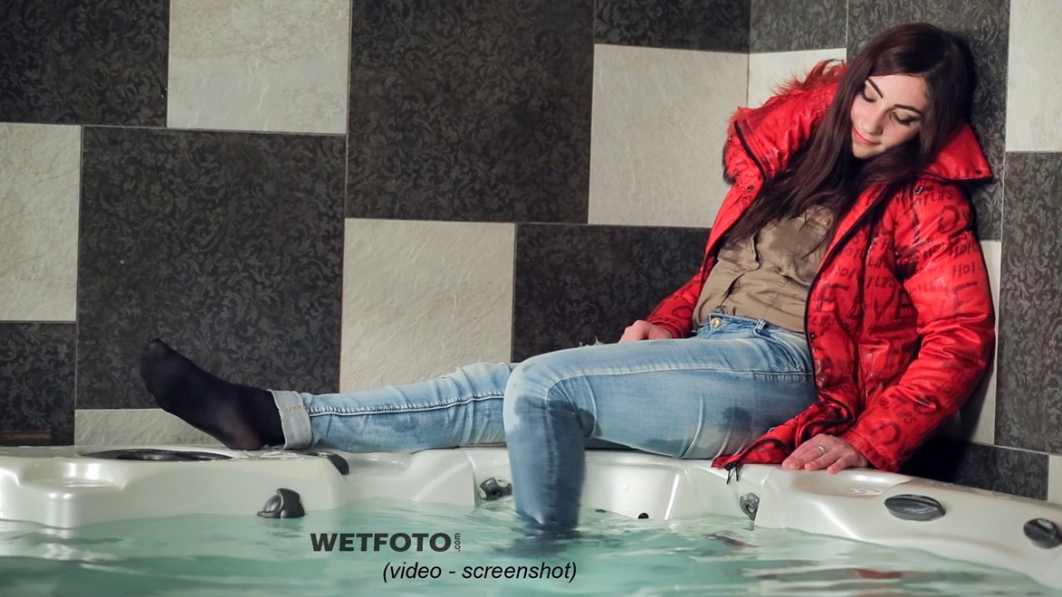 Wetlook By Beautiful Girl In Red Jacket Brown Blouse Tight Jeans In Jacuzzi Wetlookone