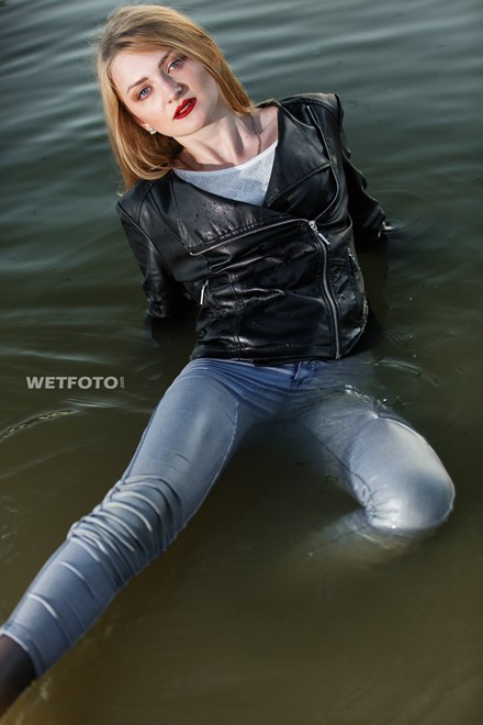 Wetlook By Cute Girl In Leather Jacket And Wet Skinny Jeans In Lake Wetlook One
