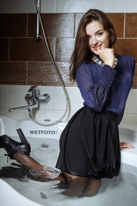 Wetlook By Cute Brunette In Blouse Mini Skirt Stockings And Boots In Jacuzzi Wetlook One