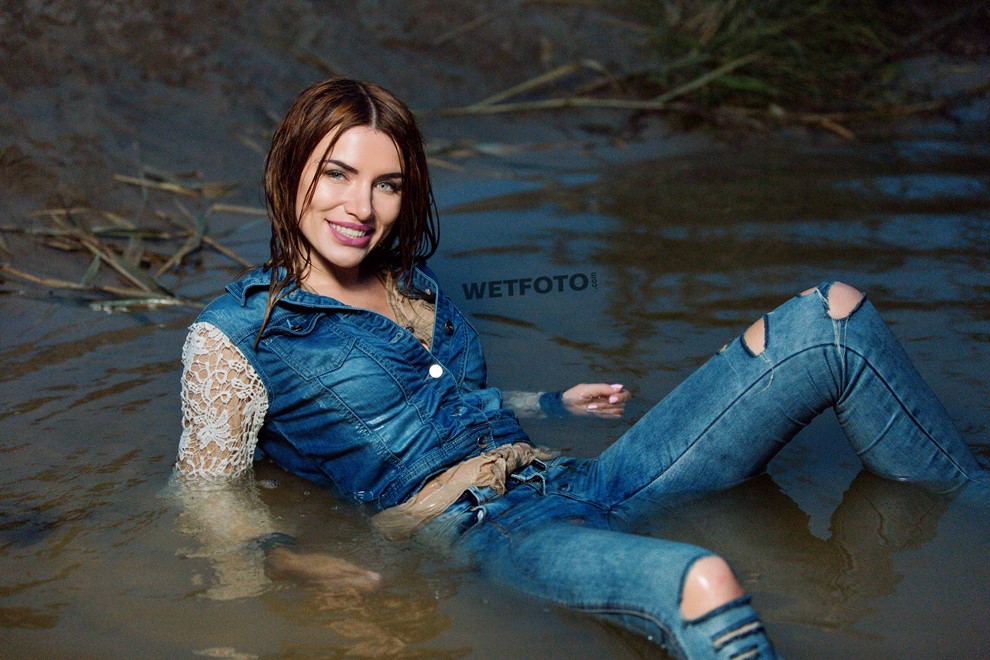 Swimming By Beautiful Girl In Wet Skinny Jeans Jacket