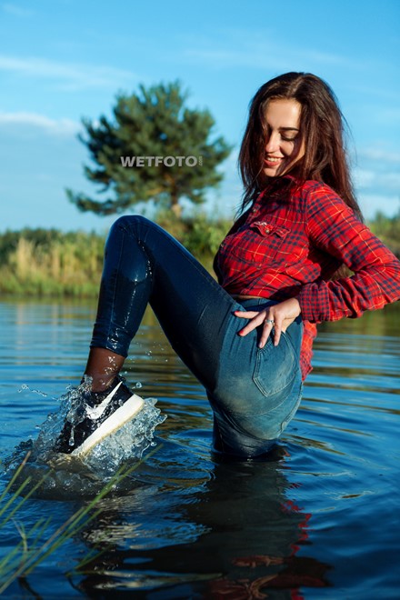 Wetlook By Brunette Girl In Soaking Wet Jeans Shirt And Sneakers Wetlook One