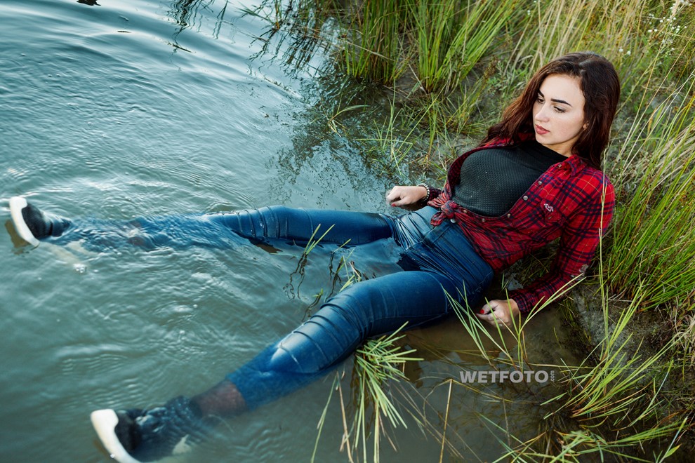 Wetlook By Brunette Girl In Soaking Wet Jeans Shirt And Sneakers
