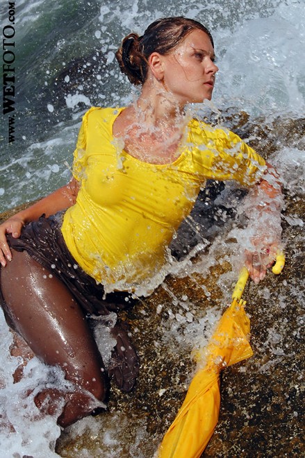 wet girl get wet wet hair fully clothed blouse skirt stockings boots sea