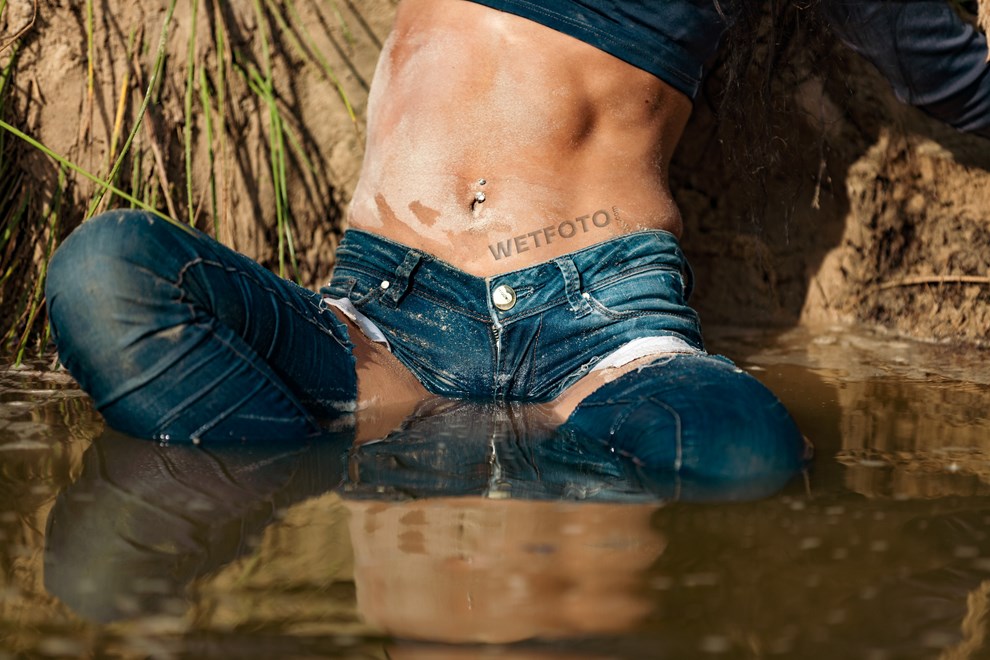 Soaking Wet Girl In Ripped Jeans Swims In The Pond Wetlookone