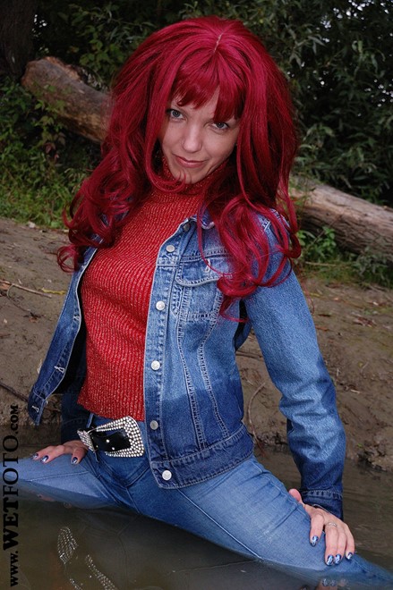 Wetlook by Red-Haired Girl in Denim Jacket, Tight Jeans and Leather