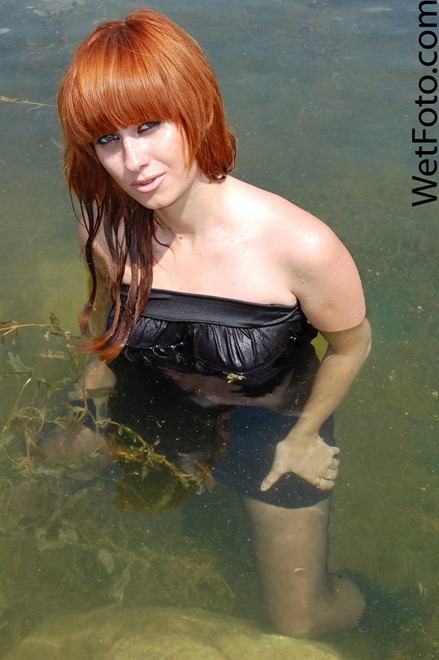 wet woman get wet wet hair fully clothed dress stockings boots leather heels lake
